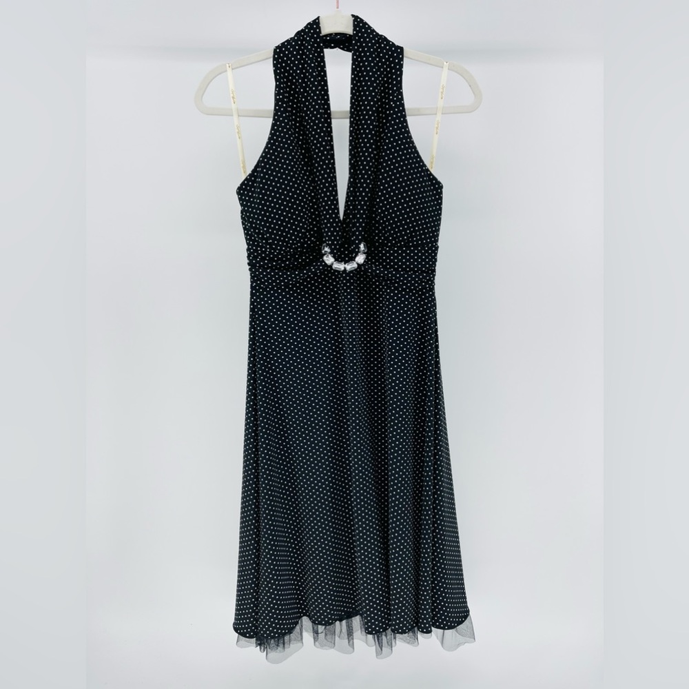 NWT Vintage Y2K Sequin Hearts Black White Polka Dot Halter Dress, Size Medium